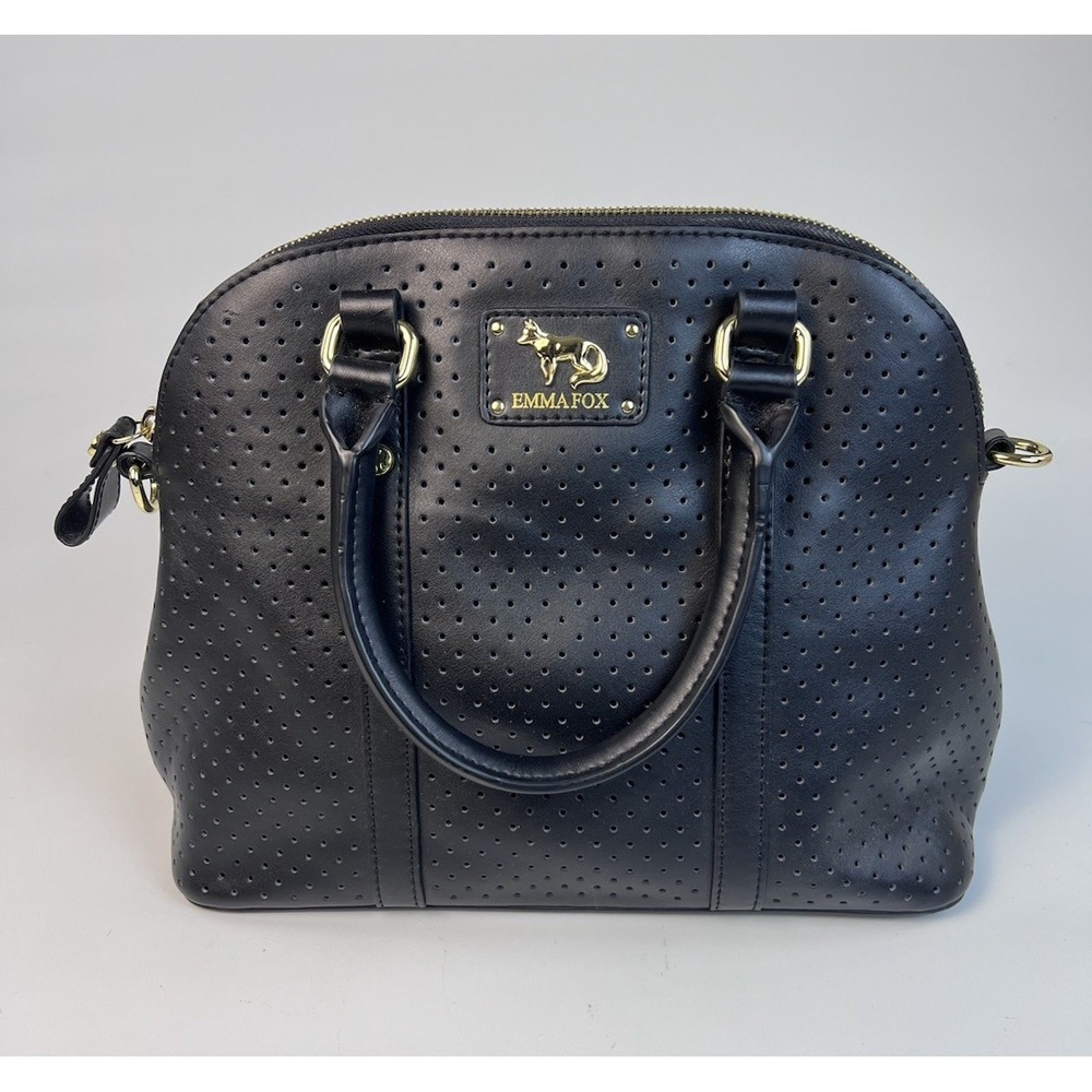Emma Fox Black Perforated Satchel Handbag Gold Hardware Floral Lining Purse